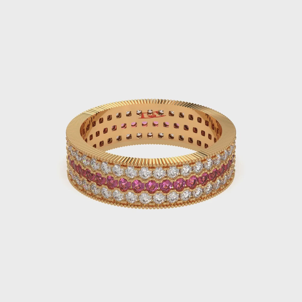 925 Sterling Silver Triple Row Diamond Band Ring, Red & White Diamond Eternity Ring, Luxury Statement Ring, Handmade Fine Jewelry Gift